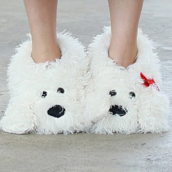 white dog slippers